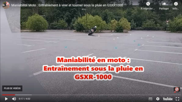 Nouvelle vidéo en ligne « Maniabilité moto : Entrainement à virer et tourner sous la pluie en GSXR 1000 »